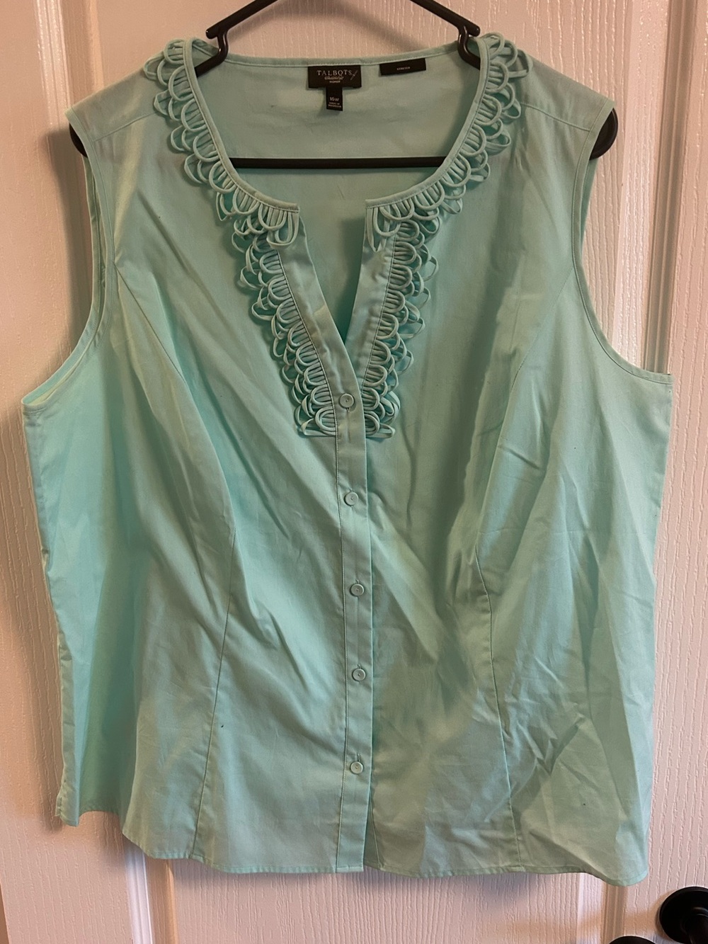 Talbots Light Mint Sleeveless Button-Front Blouse with Decorative Trim